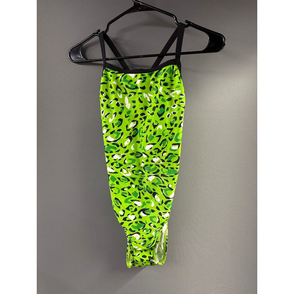 Speedo Endurance Women's Green Black Dot Swimsuit Open Racerback Size 6/34